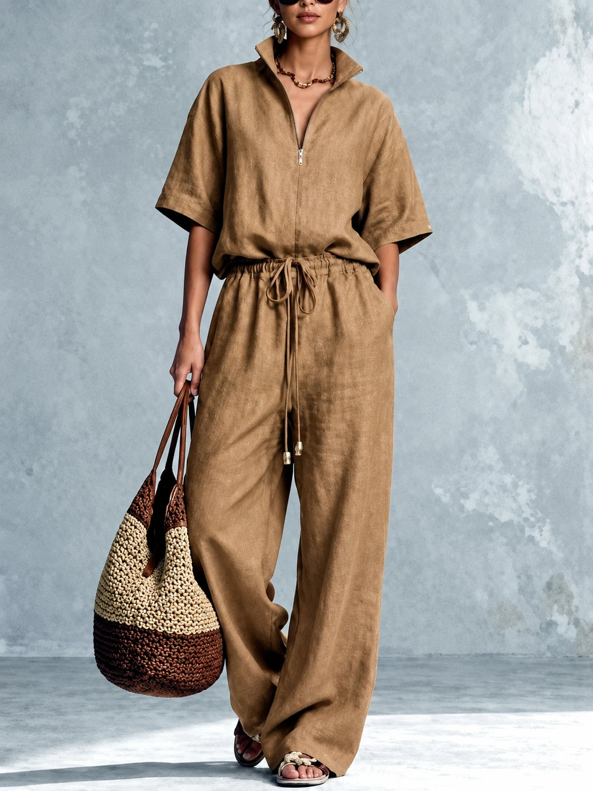 Women's Cotton Linen Two Piece Outfit Set in Caramel - product view