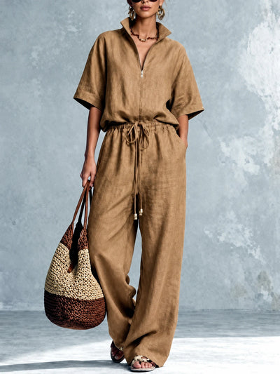 Women's Cotton Linen Two Piece Outfit Set in Caramel - product view