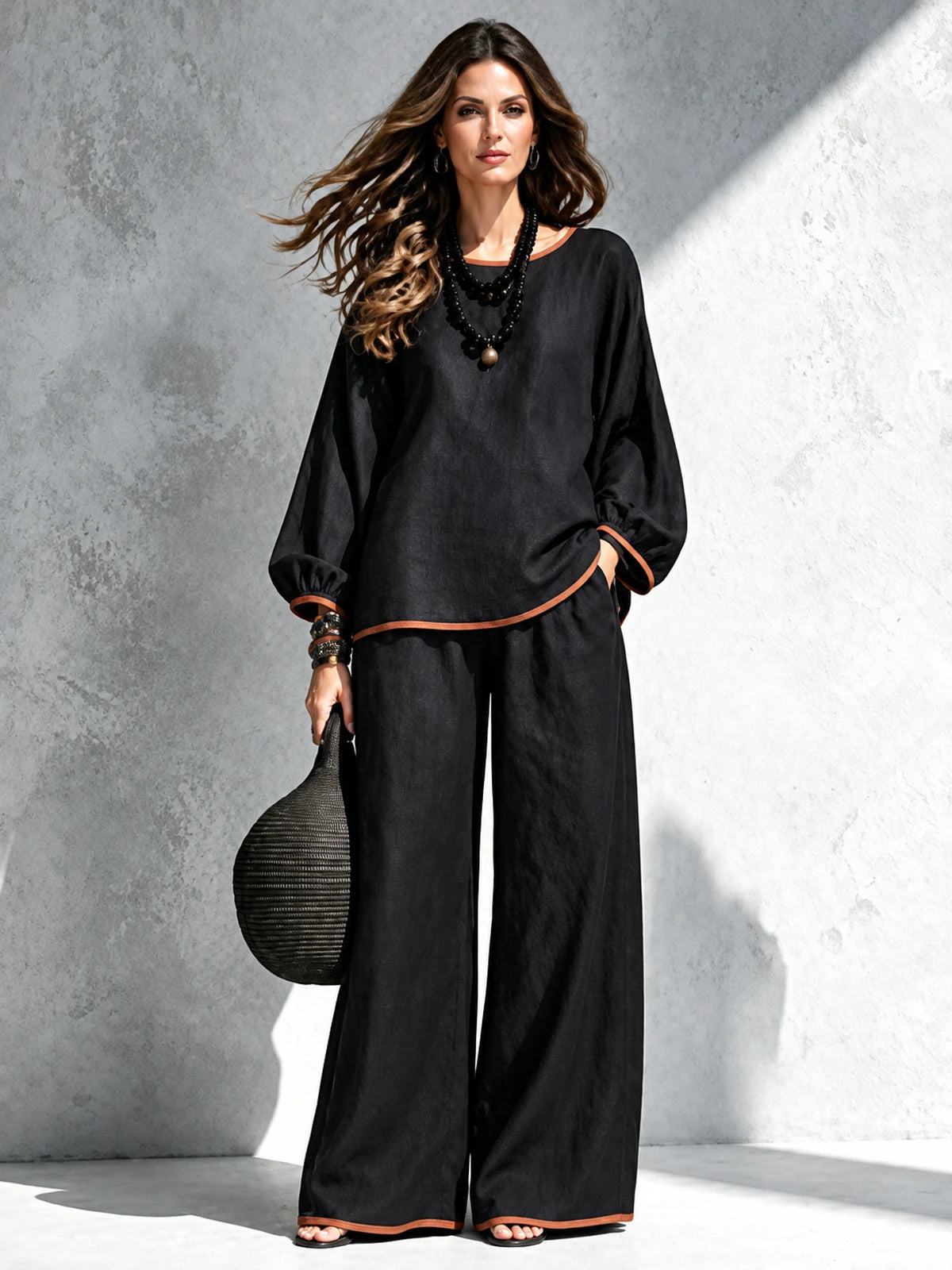 Women's Cotton Linen Two Piece Set with Top and Wide Leg Pants in Black - product view
