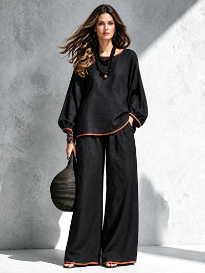 Women's Cotton Linen Two Piece Set with Top and Wide Leg Pants in Black - product view