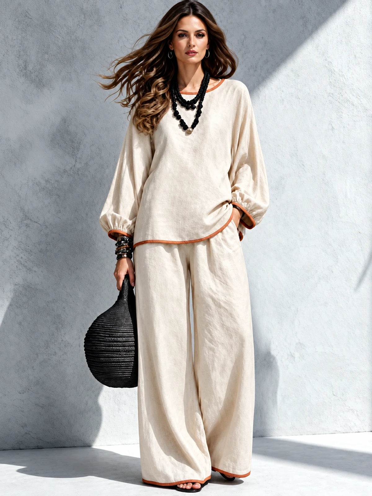 Women's Cotton Linen Two Piece Set with Top and Wide Leg Pants in Blue - product view