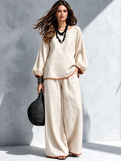 Women's Cotton Linen Two Piece Set with Top and Wide Leg Pants in Blue - product view