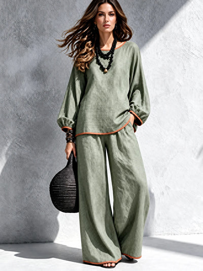 Women's Cotton Linen Two Piece Set with Top and Wide Leg Pants in Green - product view