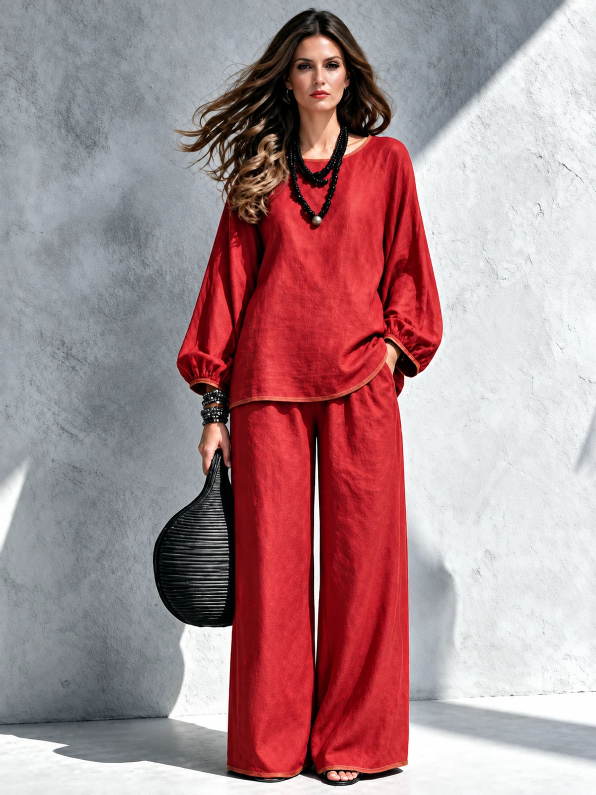 Women's Cotton Linen Two Piece Set with Top and Wide Leg Pants in Red - product view