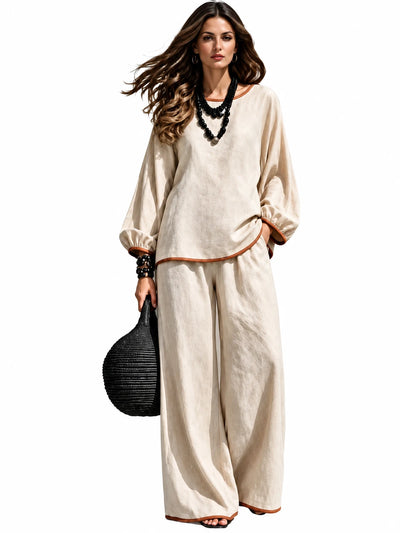 Women's Cotton Linen Two Piece Set with Top and Wide Leg Pants - product detail view 1