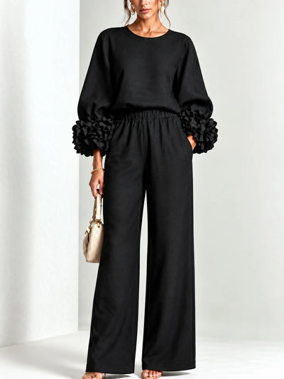 Floral-Cuff Top & Wide-Leg Pants Set in Black - product view