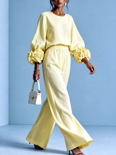 Floral-Cuff Top & Wide-Leg Pants Set in Yellow - product view