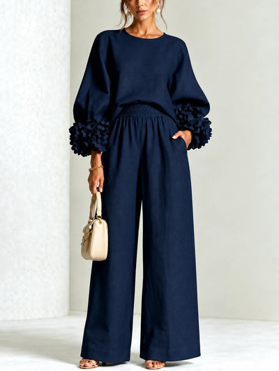 Floral-Cuff Top & Wide-Leg Pants Set in Dark Blue - product view