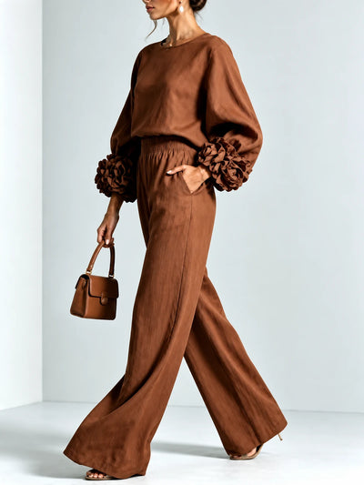Floral-Cuff Top & Wide-Leg Pants Set in Brown - product view