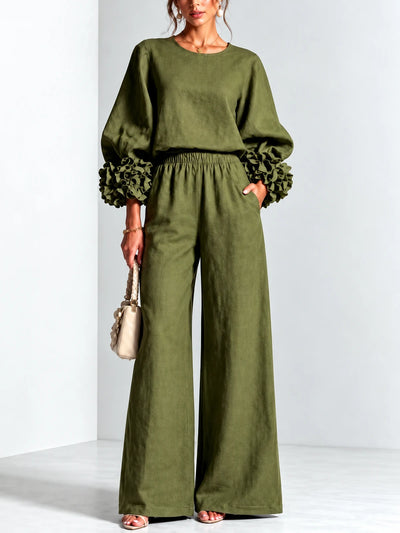 Floral-Cuff Top & Wide-Leg Pants Set in Army Green - product view