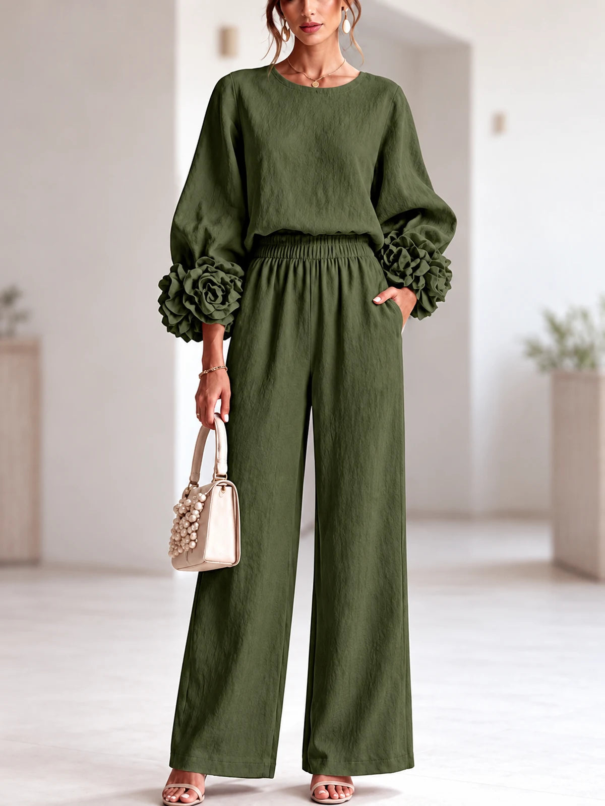 Floral-Cuff Top & Wide-Leg Pants Set - product detail view 1