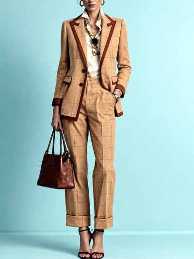 Women's Tailored Lapel Blazer and Wide-Leg Pants Two-Piece Set in Camel - product view