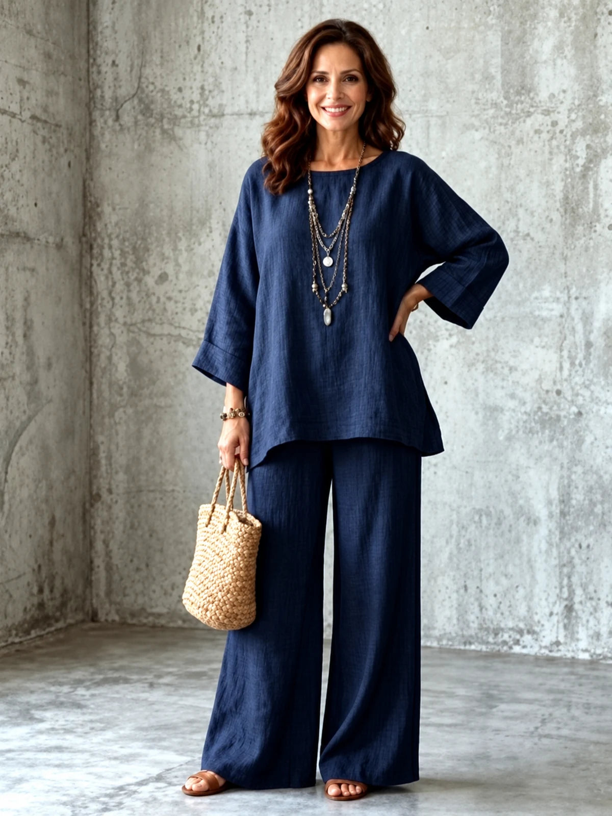 Women's Cotton Linen Two Piece Set with Shirt and Wide Leg Pants in Navy - product view