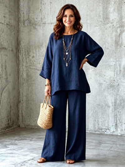 Women's Cotton Linen Two Piece Set with Shirt and Wide Leg Pants in Navy - product view