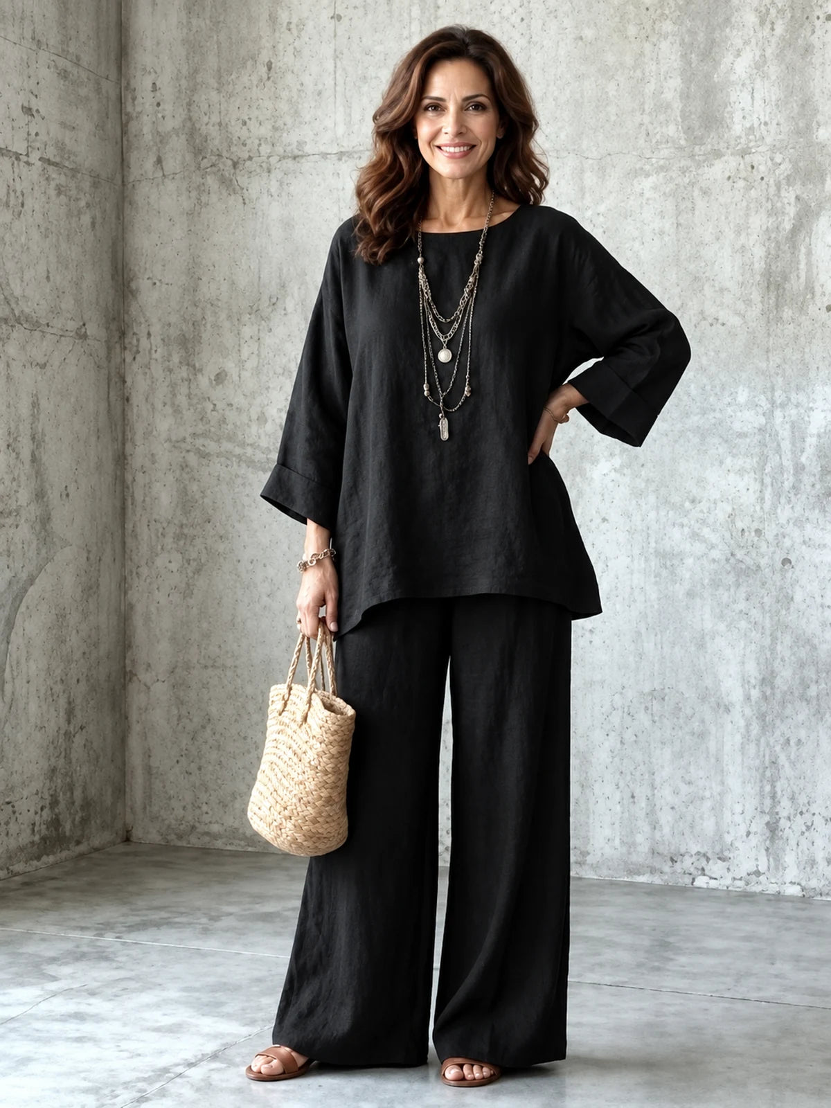Women's Cotton Linen Two Piece Set with Shirt and Wide Leg Pants in Black - product view