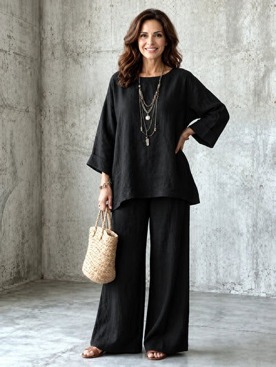 Women's Cotton Linen Two Piece Set with Shirt and Wide Leg Pants in Black - product view