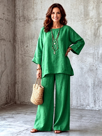 Women's Cotton Linen Two Piece Set with Shirt and Wide Leg Pants in Green - product view