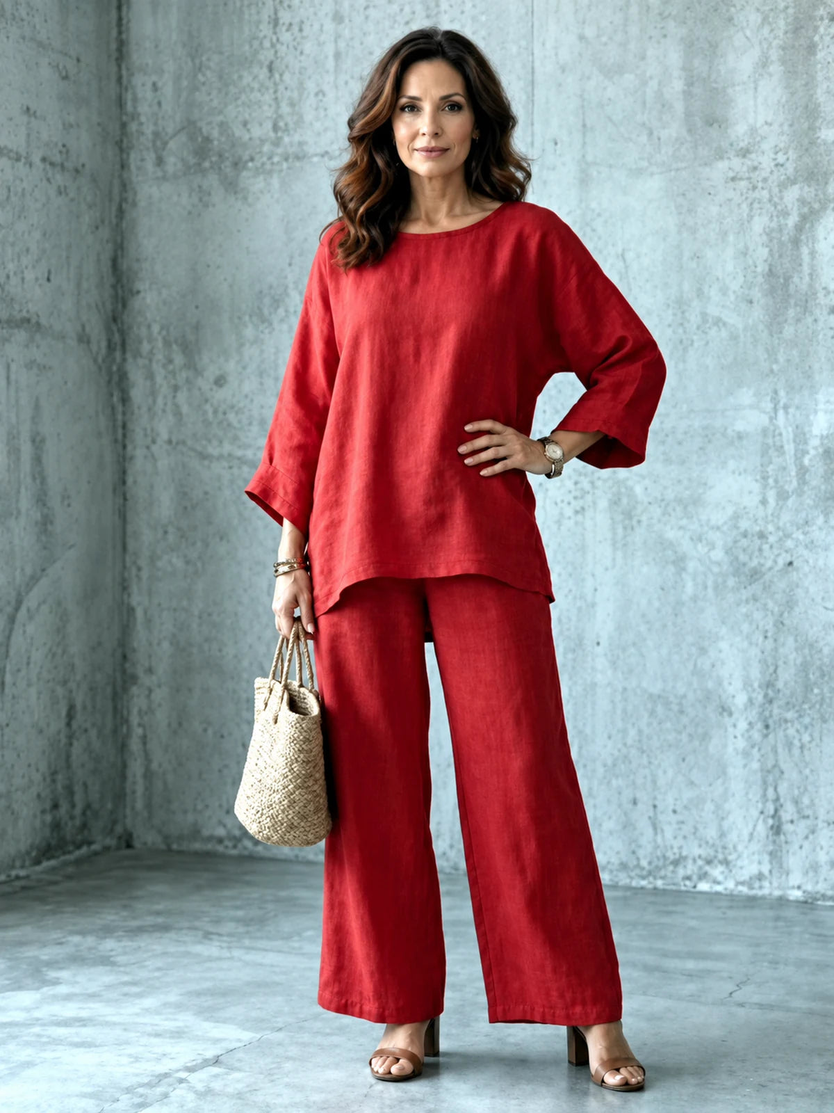 Women's Cotton Linen Two Piece Set with Shirt and Wide Leg Pants in Red - product view