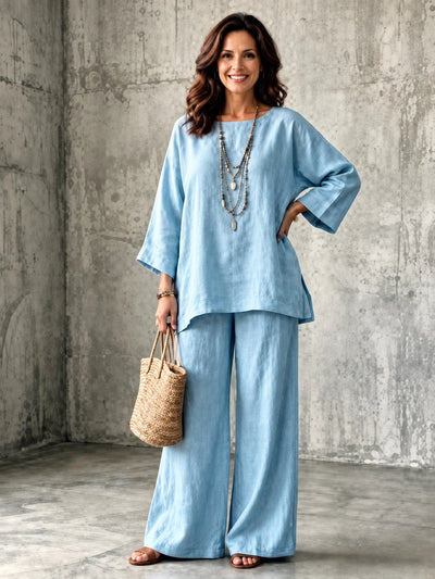 Women's Cotton Linen Two Piece Set with Shirt and Wide Leg Pants in Sky Blue - product view