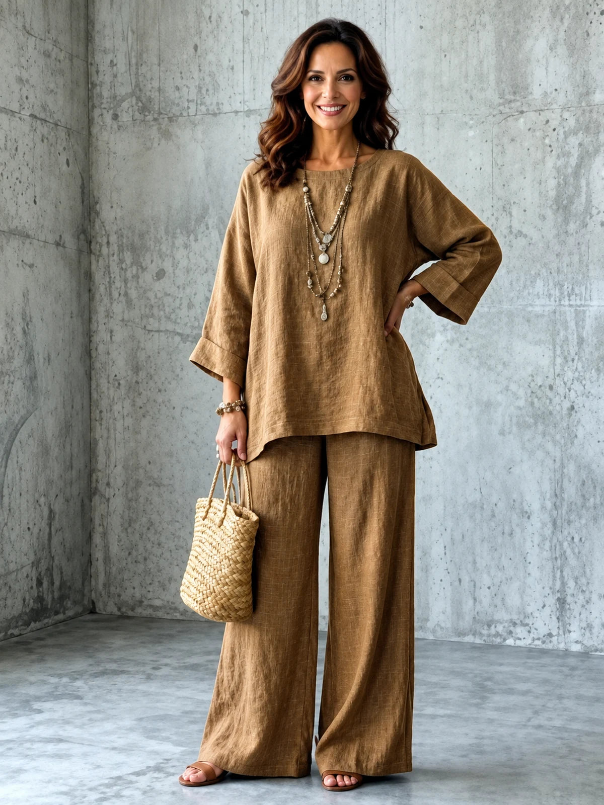 Women's Cotton Linen Two Piece Set with Shirt and Wide Leg Pants in Brown - product view