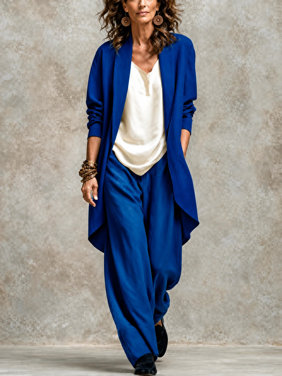 Women's Blazer and Wide-Leg Pants Two-Piece Set in Dark Blue - product view