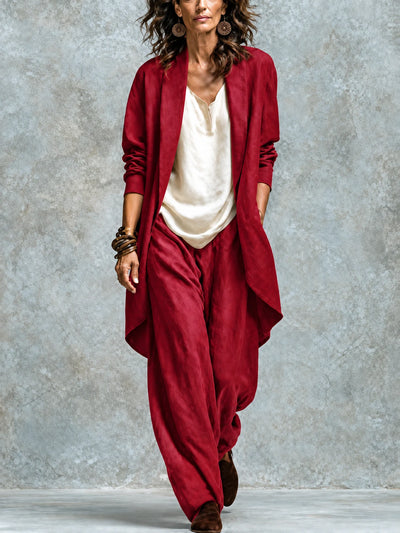 Women's Blazer and Wide-Leg Pants Two-Piece Set in Red - product view