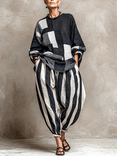 Women's Cotton Linen Two Piece Set with Top and Pants in Black - product view