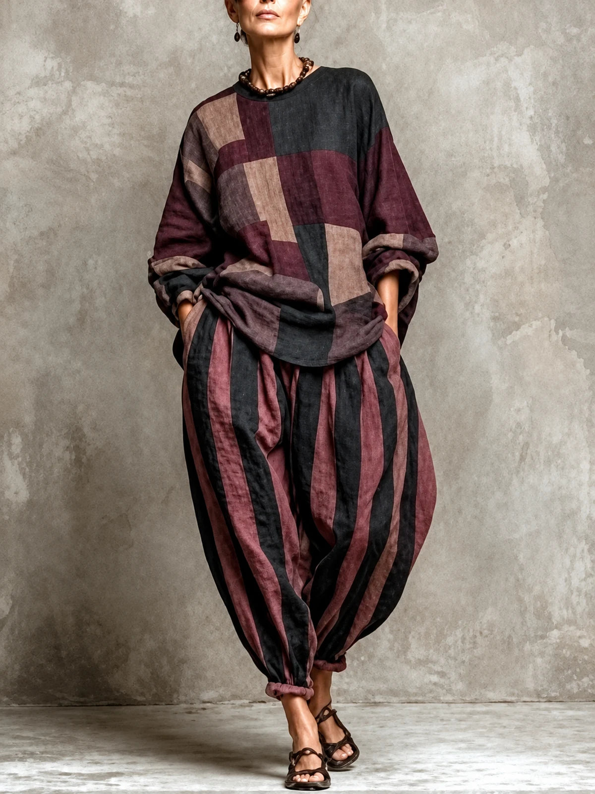 Women's Cotton Linen Two Piece Set with Top and Pants in Burgundy - product view