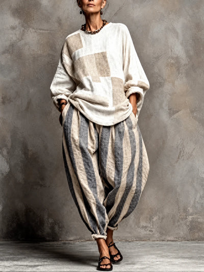 Women's Cotton Linen Two Piece Set with Top and Pants in Apricot - product view