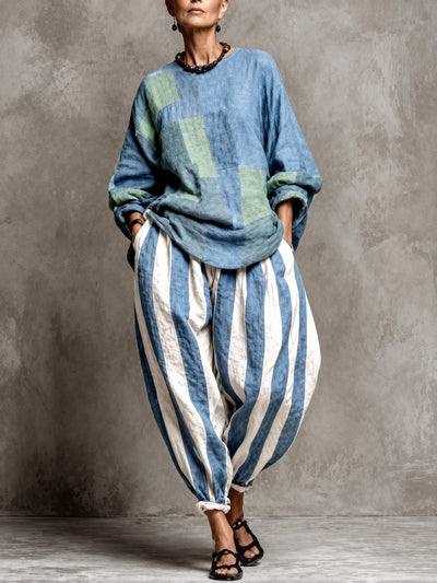 Women's Cotton Linen Two Piece Set with Top and Pants in Sky Blue - product view