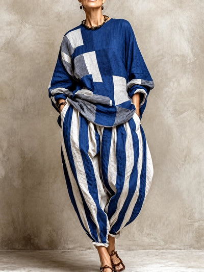 Women's Cotton Linen Two Piece Set with Top and Pants in Blue - product view