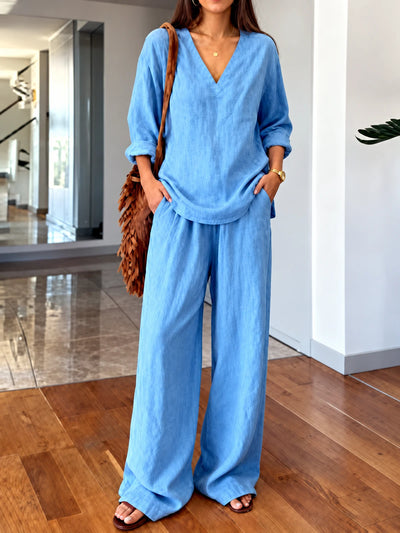 Women's Elastic Waist Wide Leg Pants Loose Casual Trousers in Blue - product view