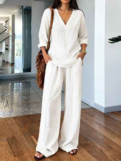 Women's Elastic Waist Wide Leg Pants Loose Casual Trousers in White - product view