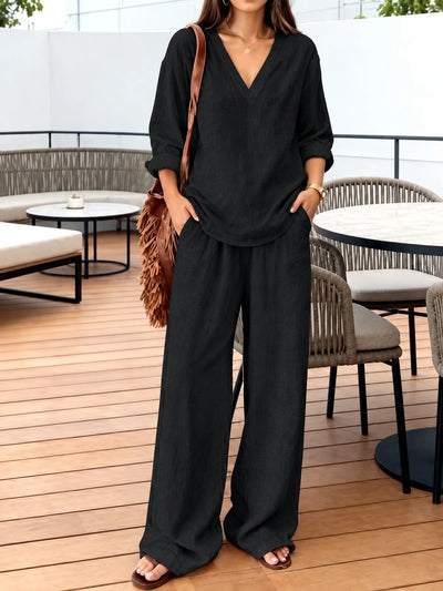Women's Elastic Waist Wide Leg Pants Loose Casual Trousers in Black - product view