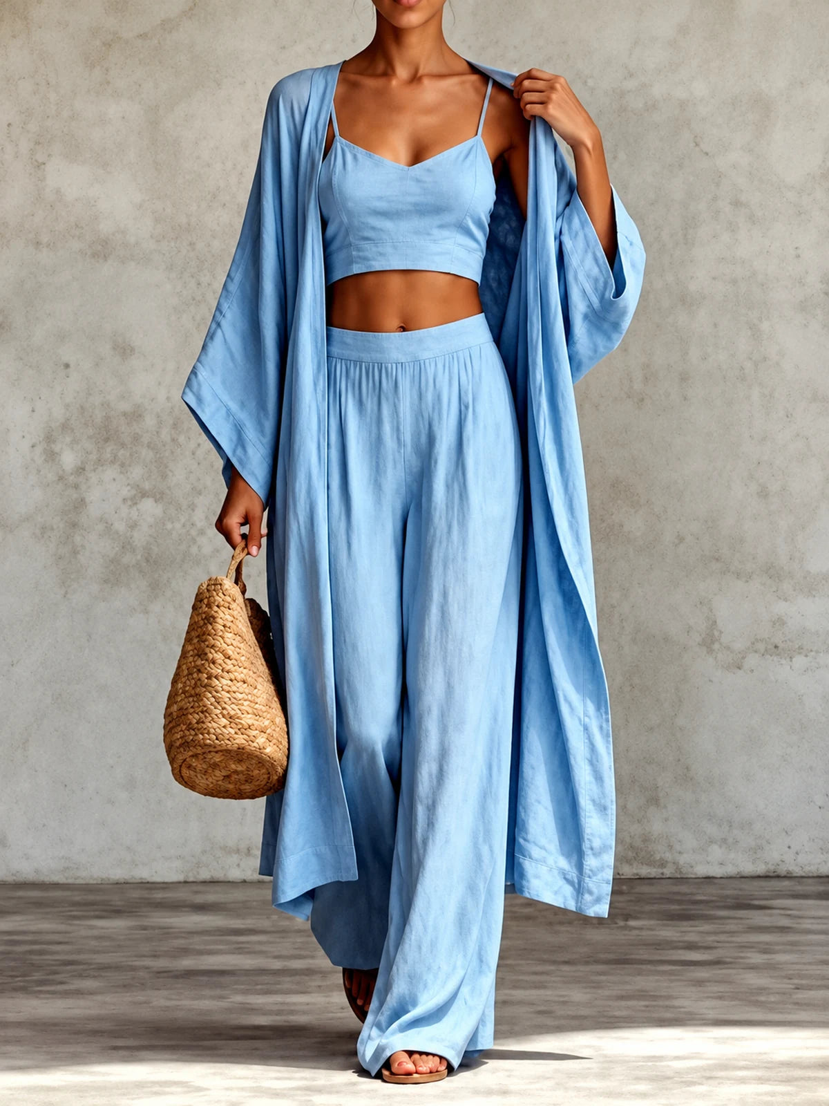 Women's Cotton Linen Two Piece Set with Top and Wide Leg Pants in Sky Blue - product view