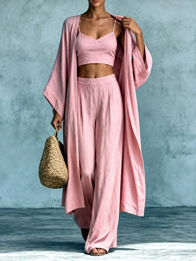 Women's Cotton Linen Two Piece Set with Top and Wide Leg Pants in Red - product view