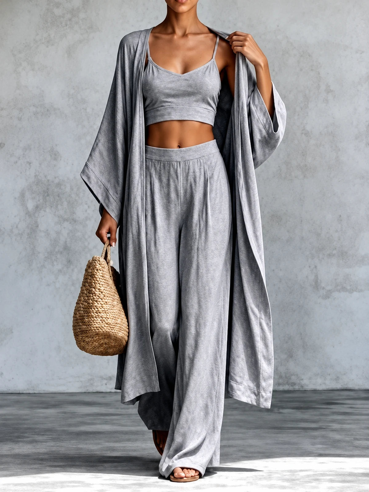 Women's Cotton Linen Two Piece Set with Top and Wide Leg Pants in Gray - product view