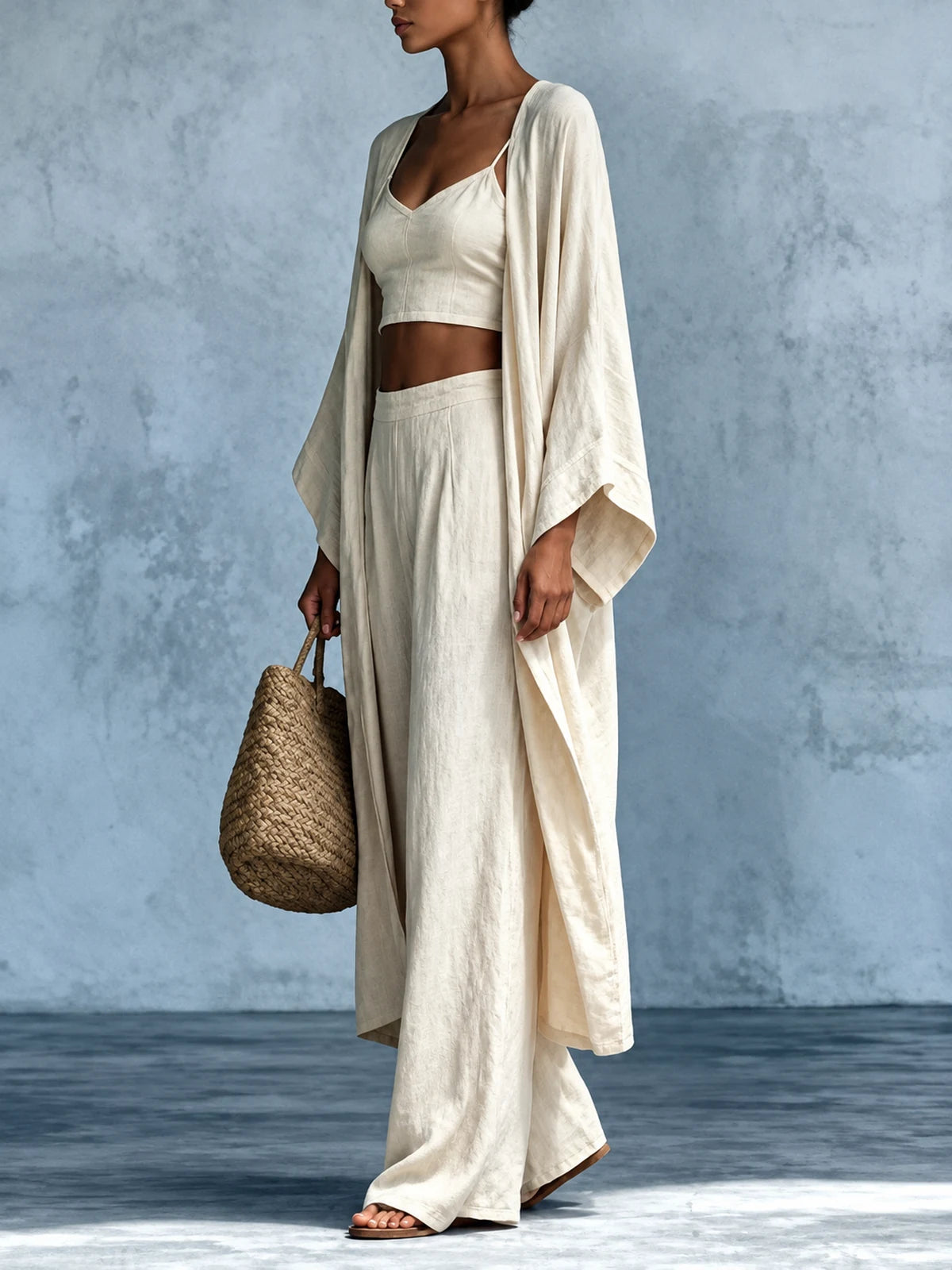 Women's Cotton Linen Two Piece Set with Top and Wide Leg Pants - product detail view 4