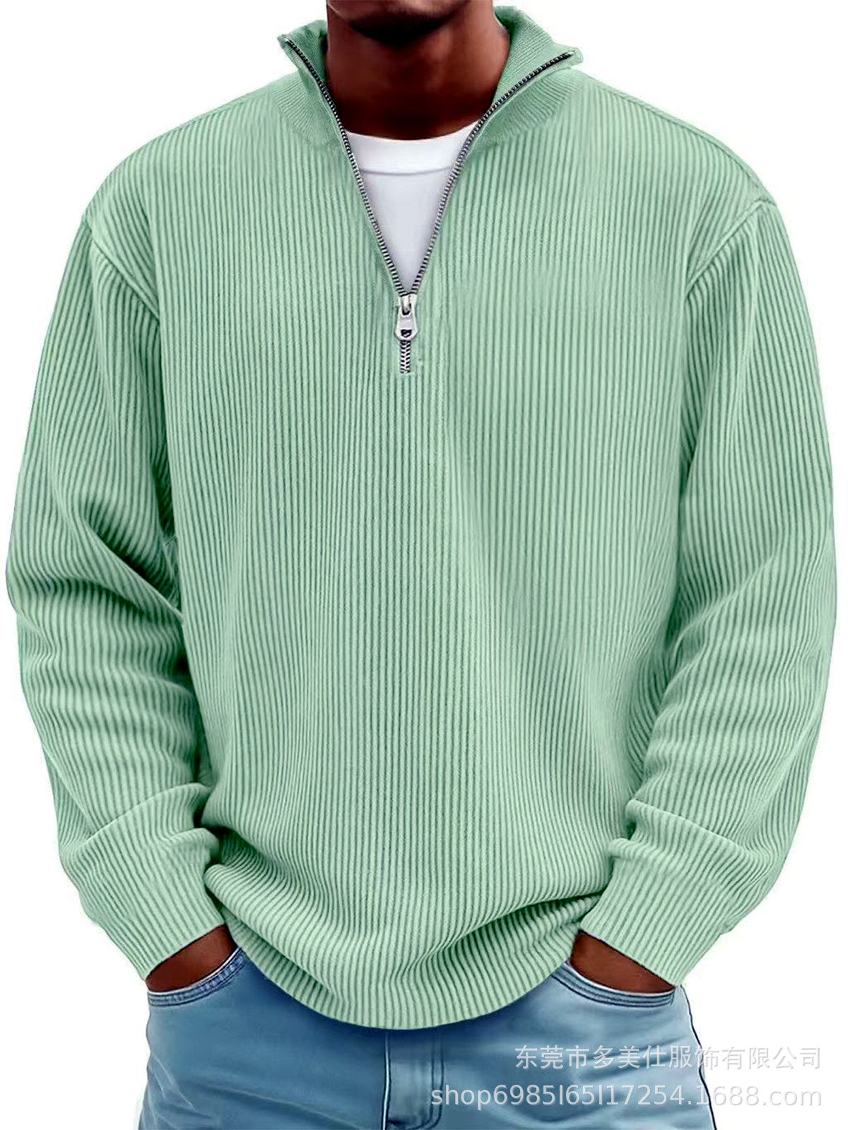 Men's Corduroy Quarter-Zip Stand Collar Long Sleeve Polo Shirt in Green - product view