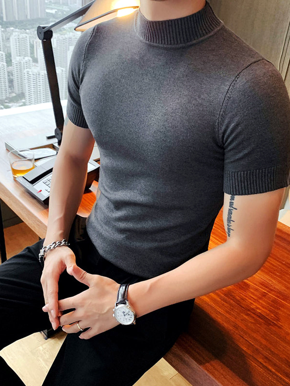 Men's Quick-Dry Henley Short Sleeve T-Shirt in Dark Gray - product view
