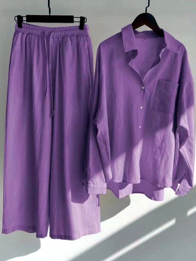 Women's Cotton Linen Button-Up Shirt & Wide-Leg Pants Set in Purple - product view