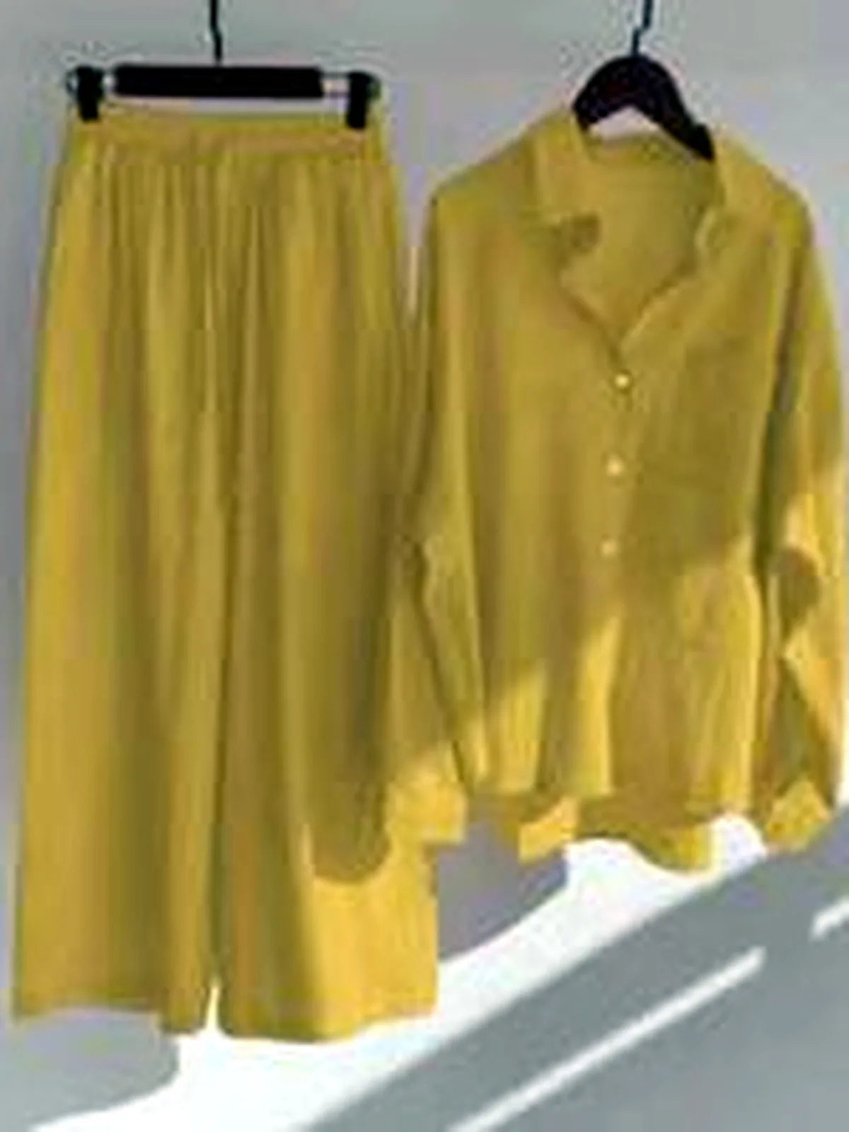 Women's Cotton Linen Two Piece Set with Shirt and Pants in Yellow - product view