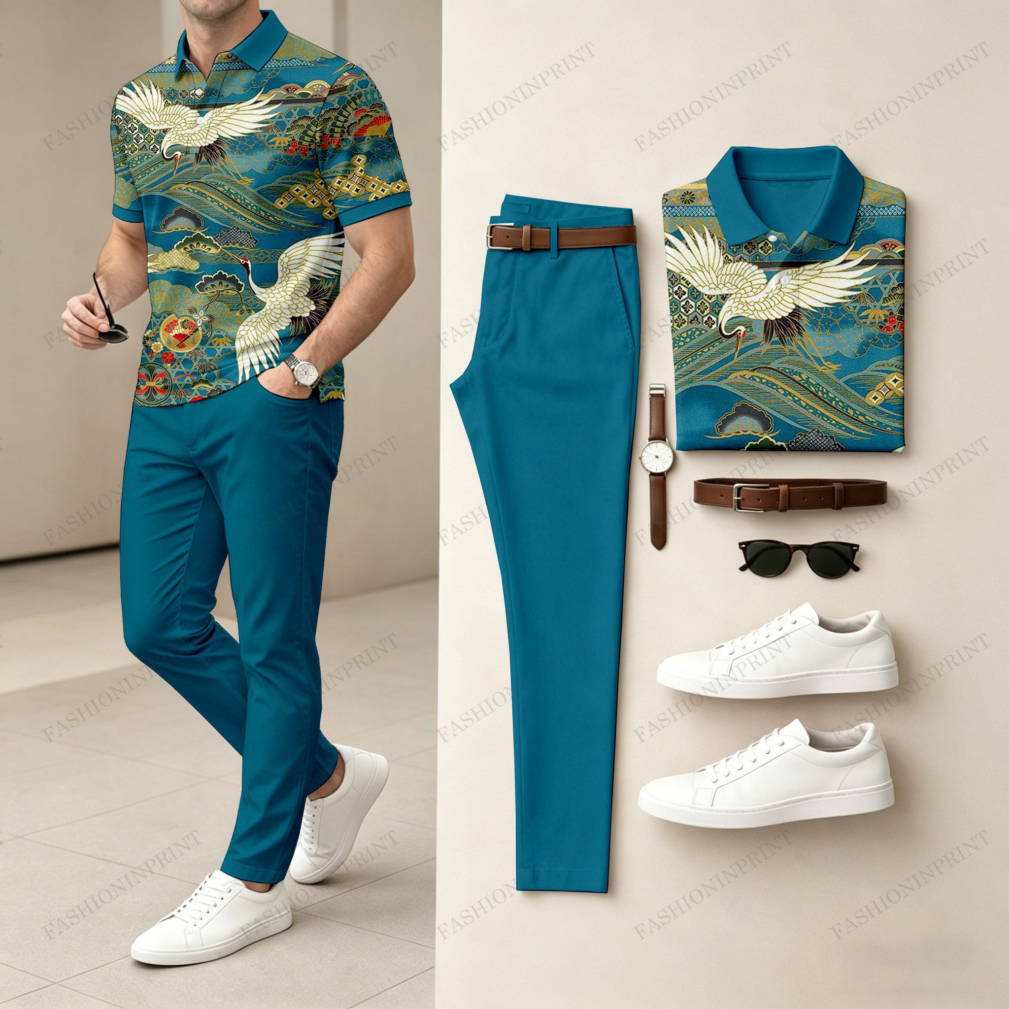 Men's Casual Green Printed Polo Shirt And Pants Two-Piece Set