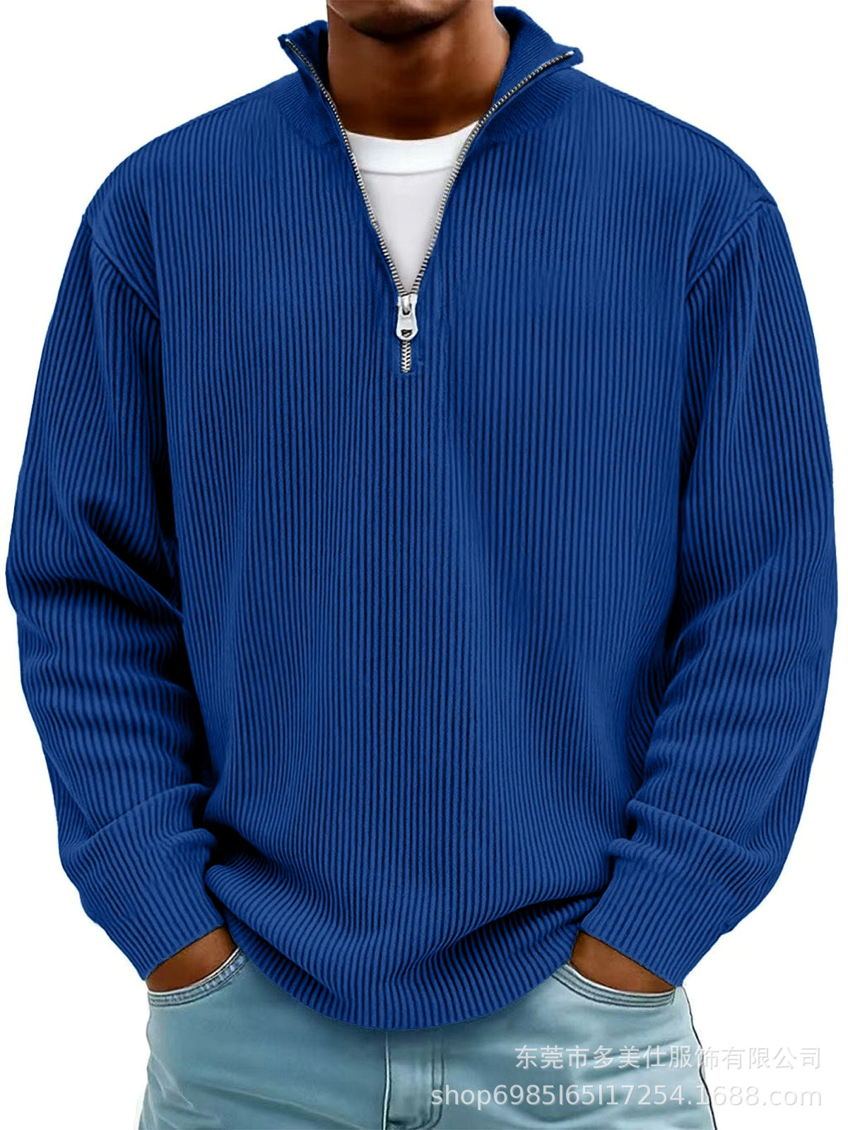 Men's Corduroy Quarter-Zip Stand Collar Long Sleeve Polo Shirt in Blue - product view
