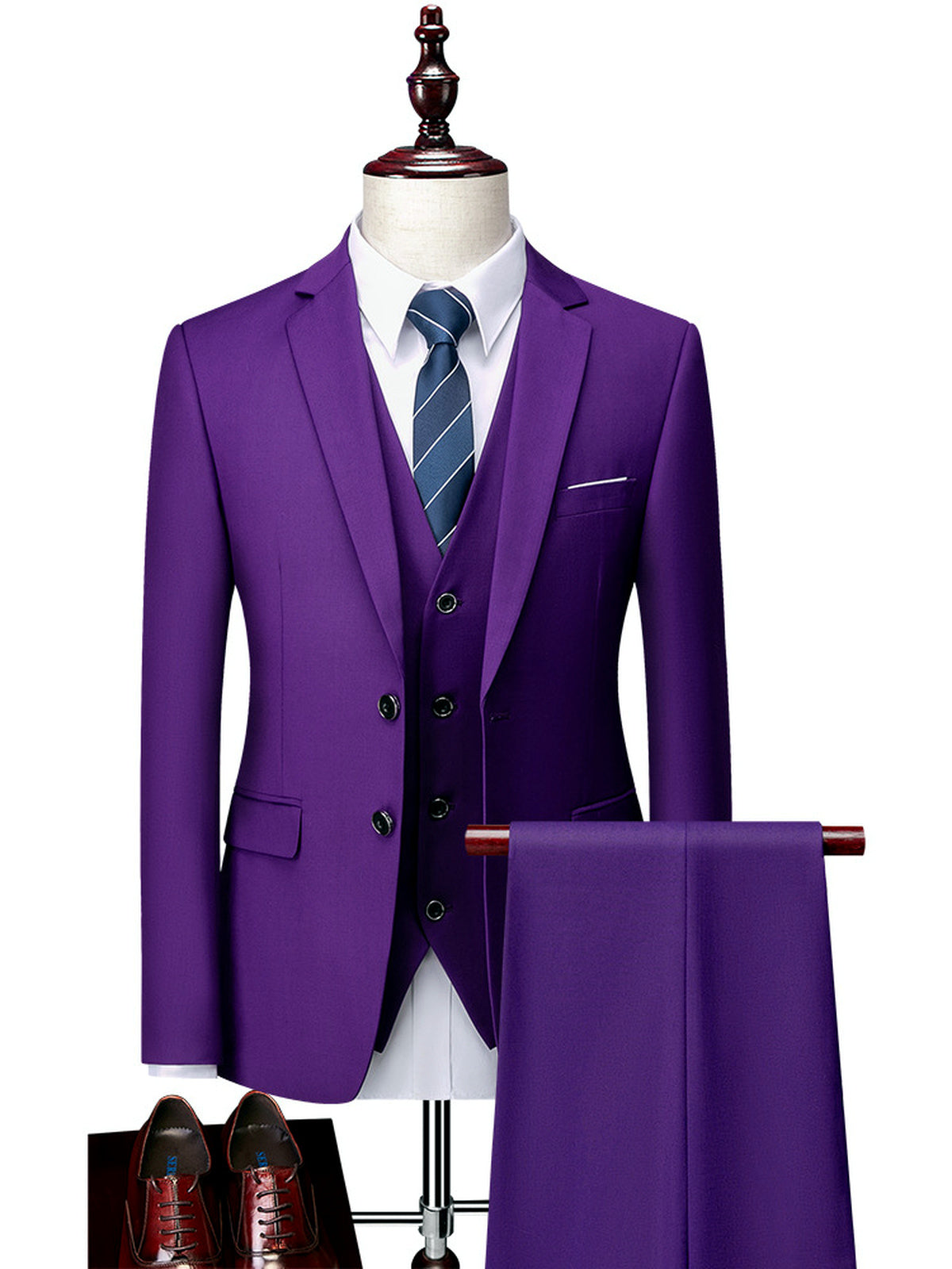 Men's Lightweight Business Blazer and Pants Set Casual Suit Outfit in Dark Purple - product view