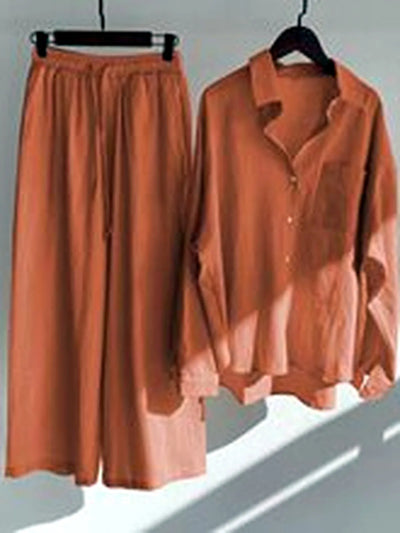Women's Cotton Linen Two Piece Set with Shirt and Pants in Red - product view