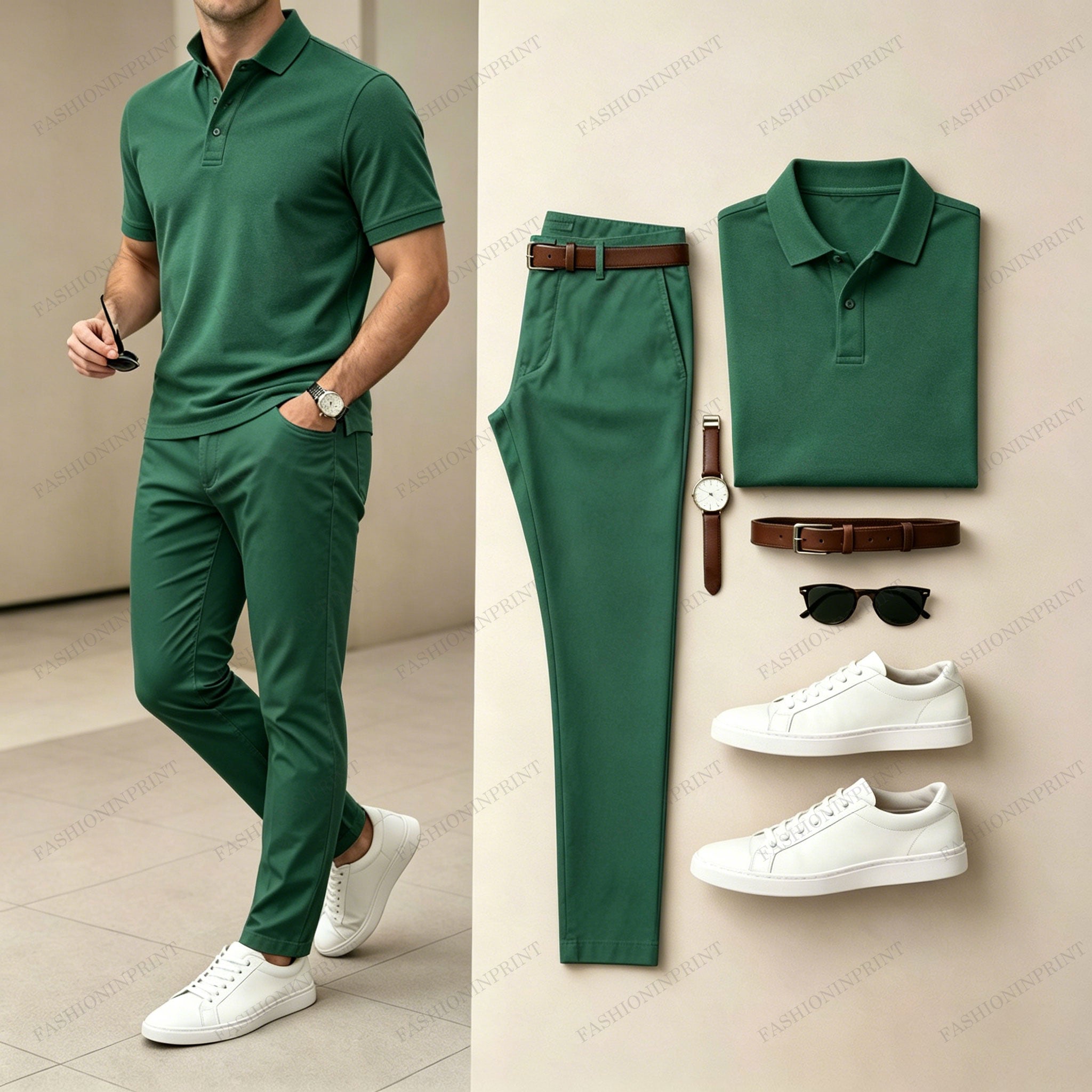 Men's Casual Printed Polo Shirt And Pants Two-Piece Set