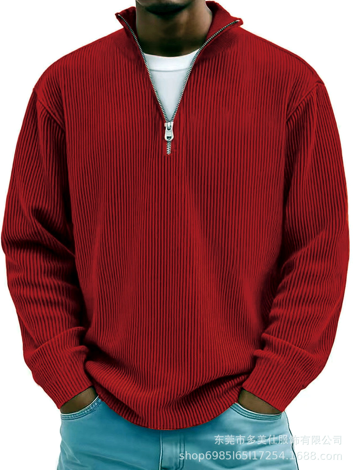 Men's Corduroy Quarter-Zip Stand Collar Long Sleeve Polo Shirt in Red - product view