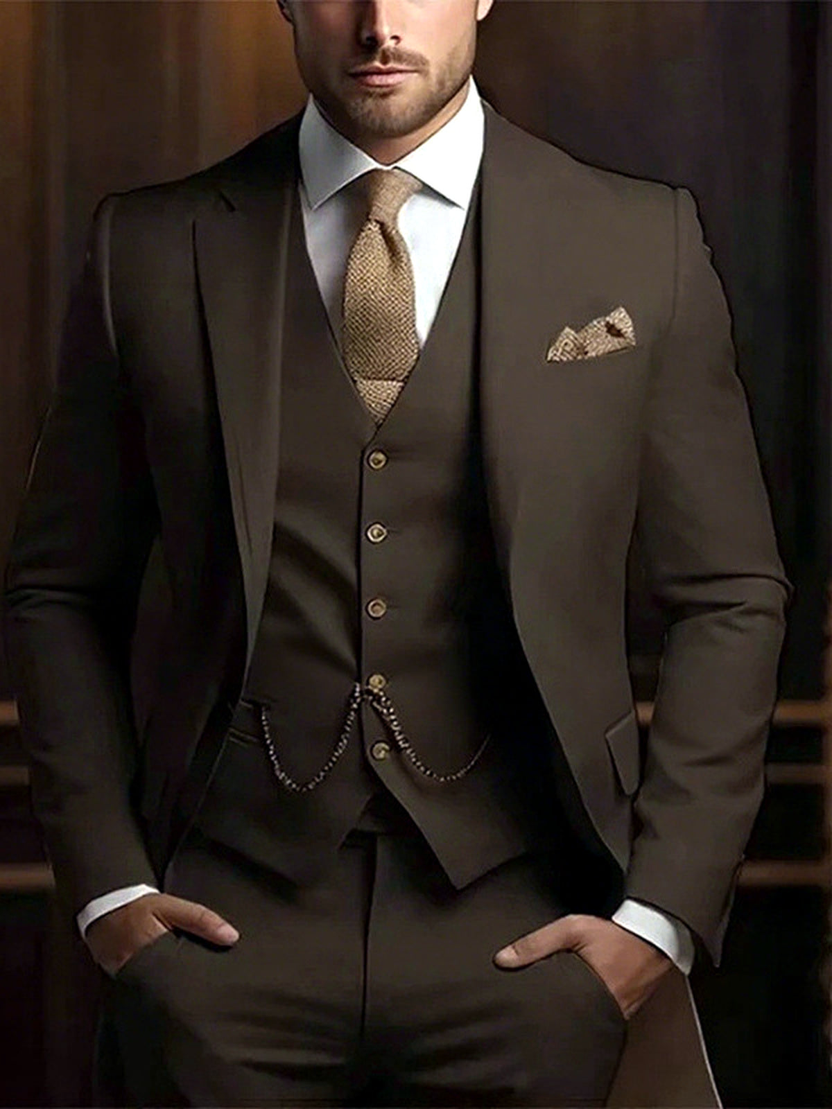 Men's Jacquard Blazer Suit Jacket One Button Party Banquet Formal Outfit in Brown - product view