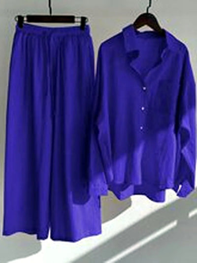 Women's Cotton Linen Two Piece Set with Shirt and Pants in Dark Blue - product view